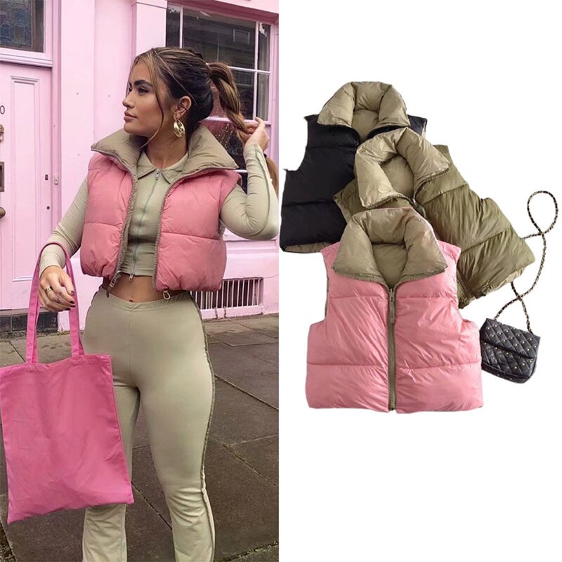Puffer Vest Supplier - Woman Winter Sleeveless Windbreaker Contrast Cropped