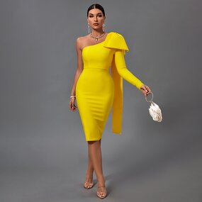 Bandage Dress Factory - Solid Bowknot Evening One Shoulder Club Party