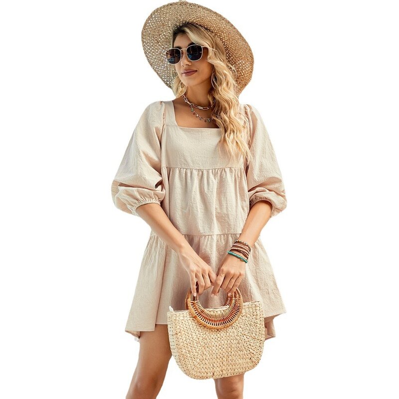 Cotton Dress Supplier - Beige Square Neck Ruffle Cute Casual Workout One