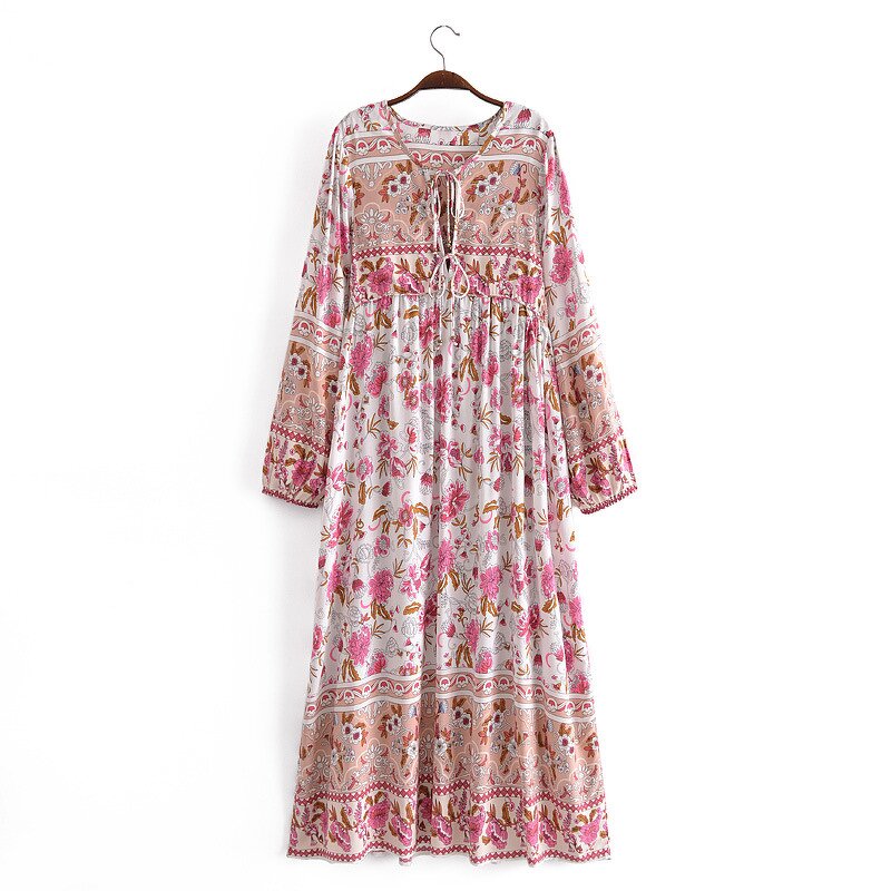 Floral Dress Factory - Printing Tassel Long Sleeve Women Frock Casual