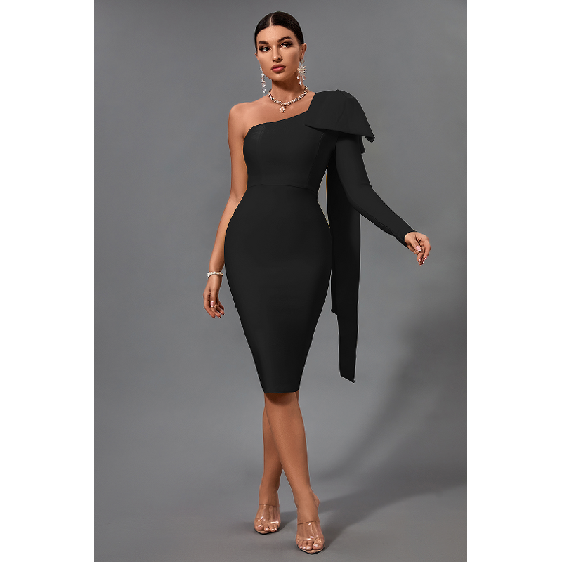 Bandage Dress Supplier - Black Solid Bowknot Evening One Shoulder Club