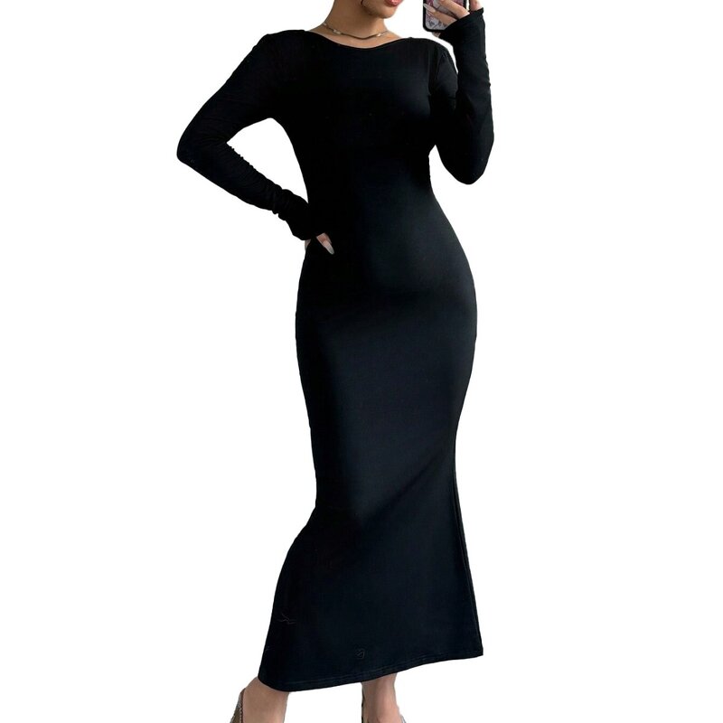Bodycon Dress Factory - Long Dress Hip Wrapped Round Collar Pullover Backless