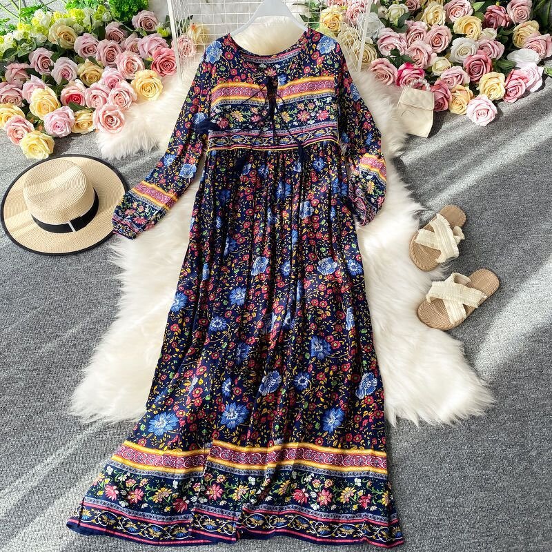 Beach Dress Supplier - V Neck Women's Floral Long Sleeve Casual Summer
