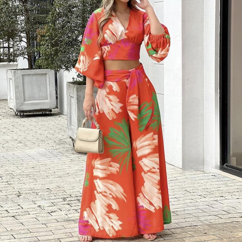 Two Piece Set Supplier - Print Loose V Neck Wrap Crop Tops & Wide Leg