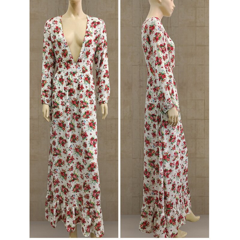 Maxi Dress Factory - Floral Printing Deep V Neck Long Sleeve Ruffle