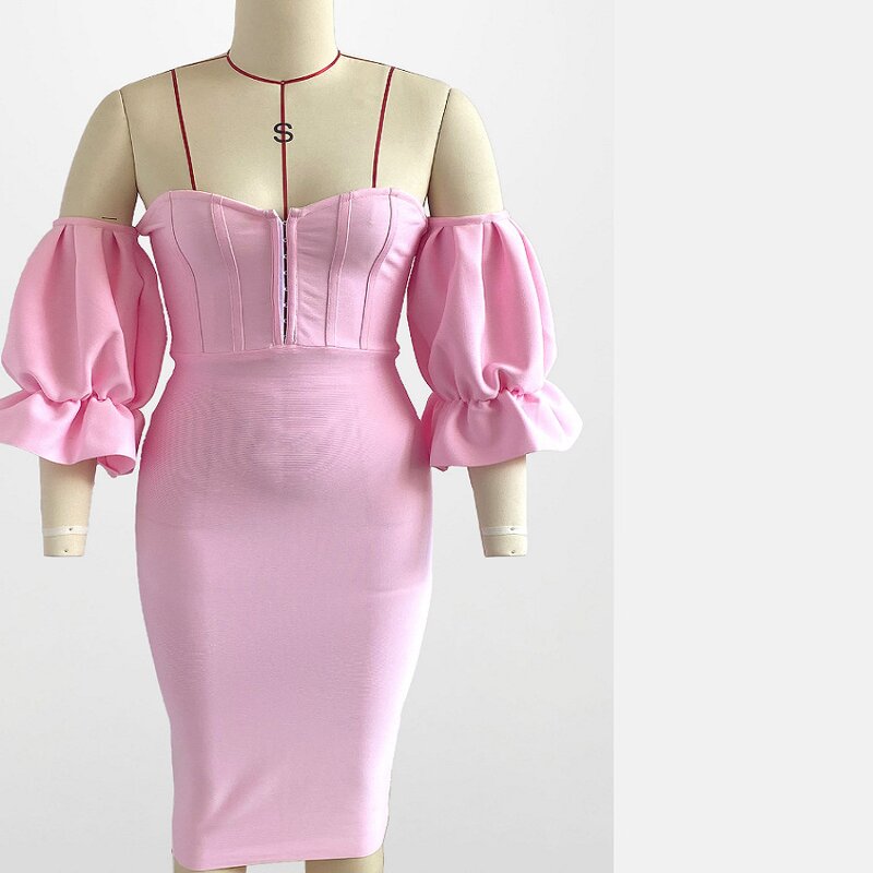 Cotton Dress Factory - Pink Loop Button Off Shoulder Casual Fashion Above