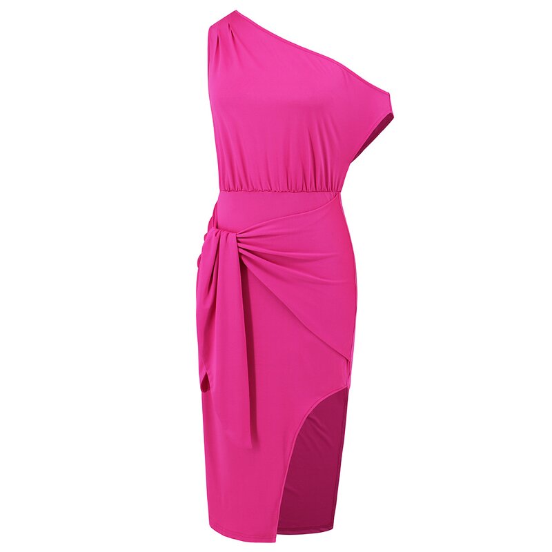 Single Shoulder Dress Supplier - Wrap Sleeve Knee Clothing Lady Elegant