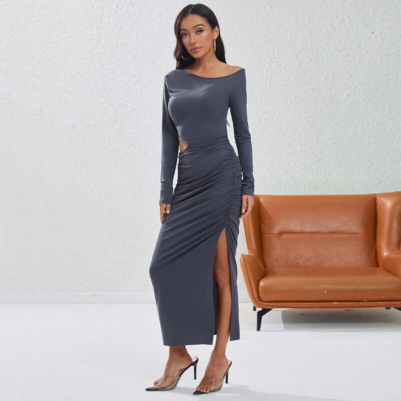 Two Piece Dress Supplier - Off Shoulder Long Sleeve Slit Grey Bodycon Plus
