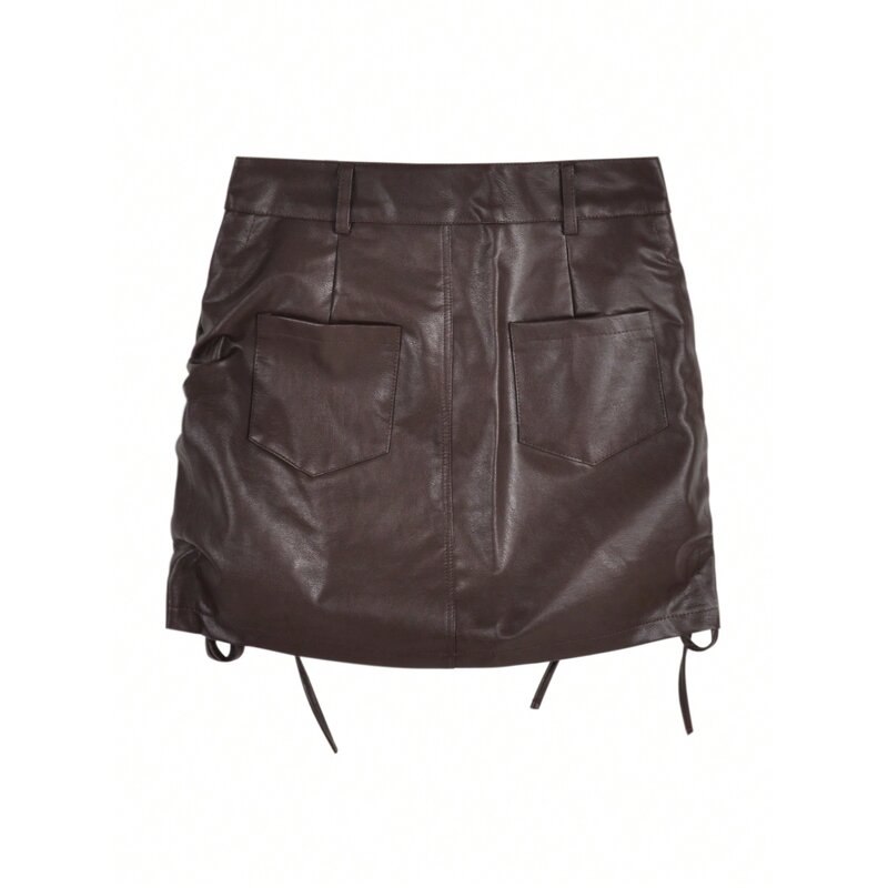 Leather Skirt Supplier - Chic Pu Vinyl High Waist Solid Drawstring Bandage