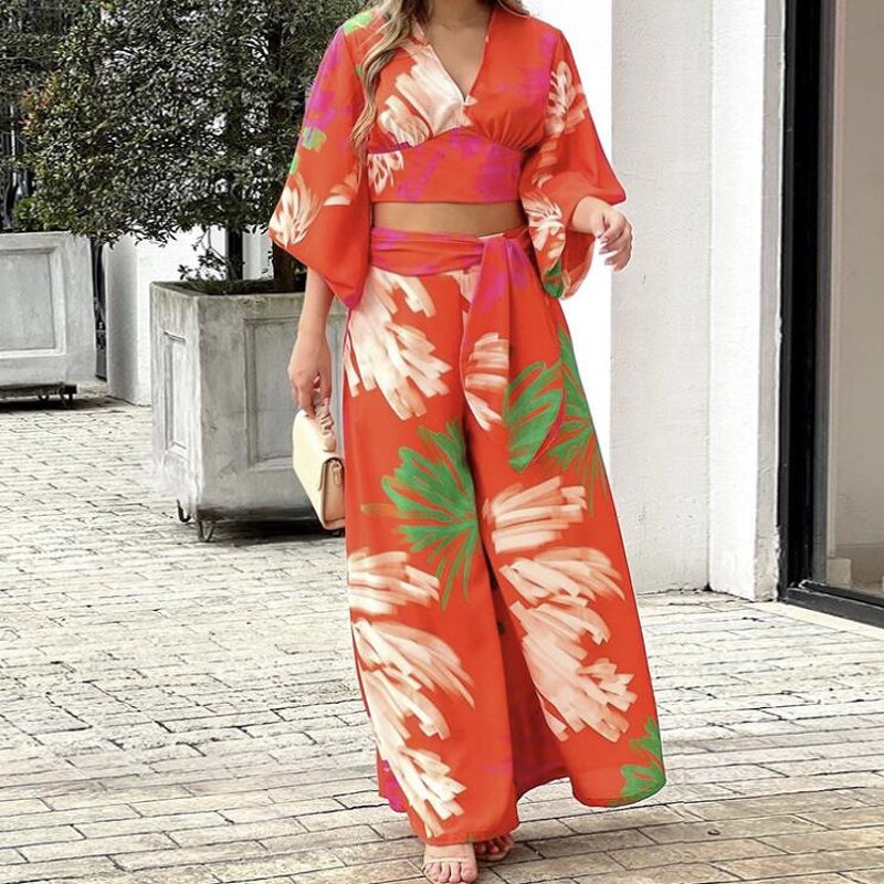 Two Piece Set Supplier - Print Loose V Neck Wrap Crop Tops & Wide Leg