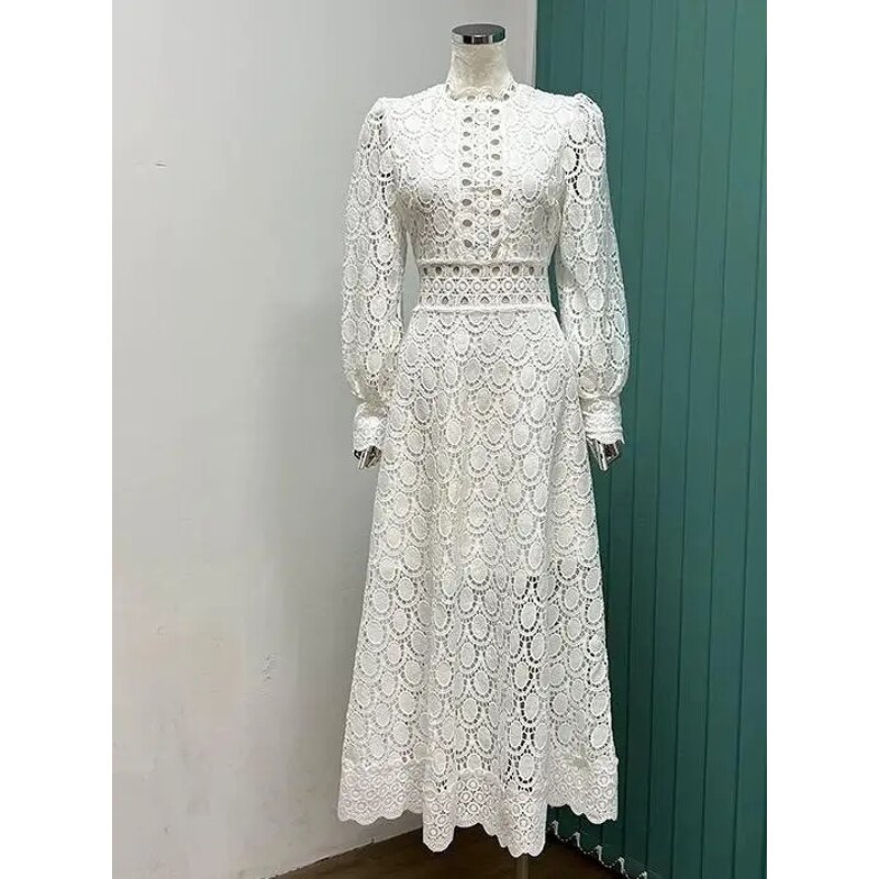 Party Dress Supplier - Puff Sleeve Long White Lace High Waist Spring