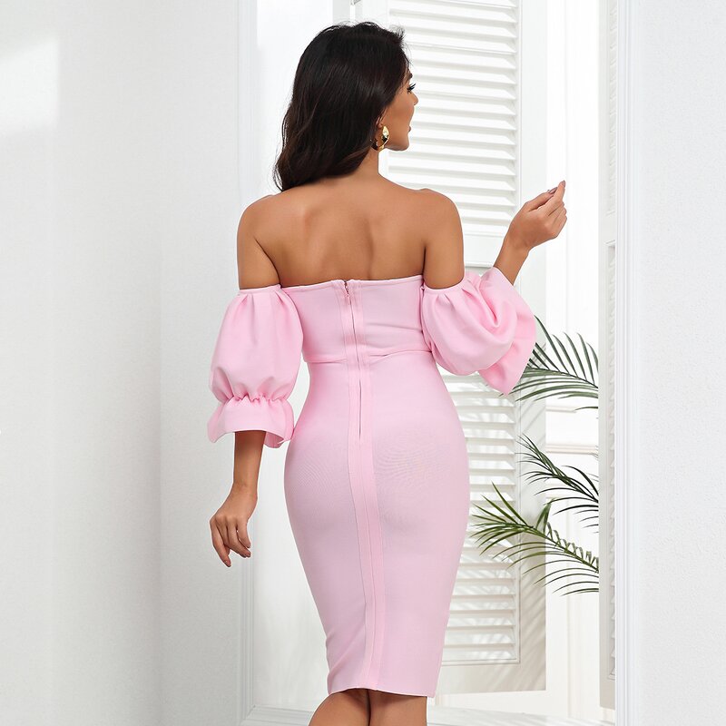 Cotton Dress Factory - Pink Loop Button Off Shoulder Casual Fashion Above