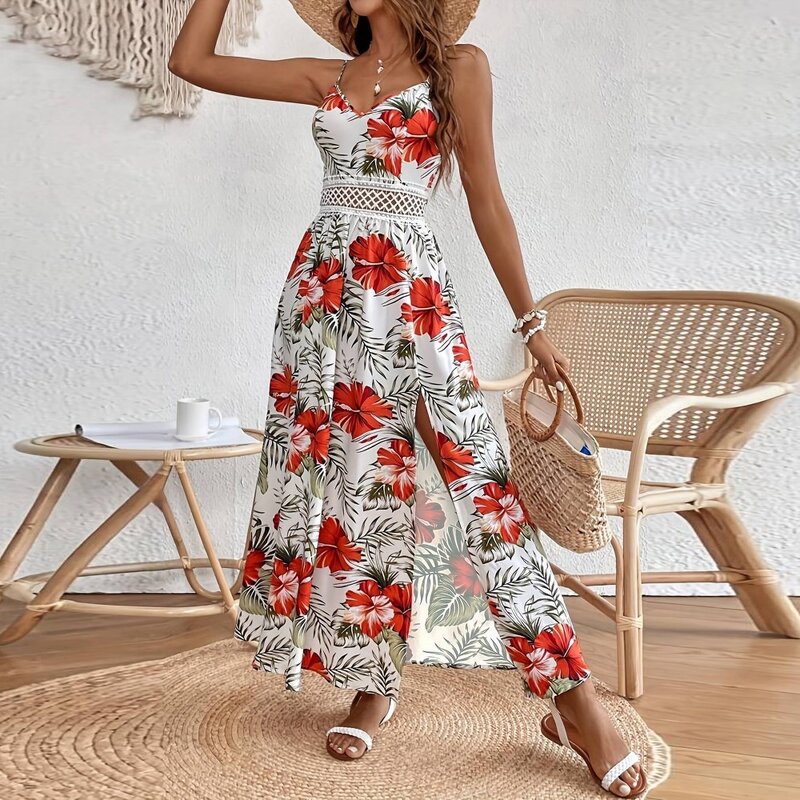 Lace Maxi Dress Supplier - Slit Strap Floral Print Beach Plus Size High