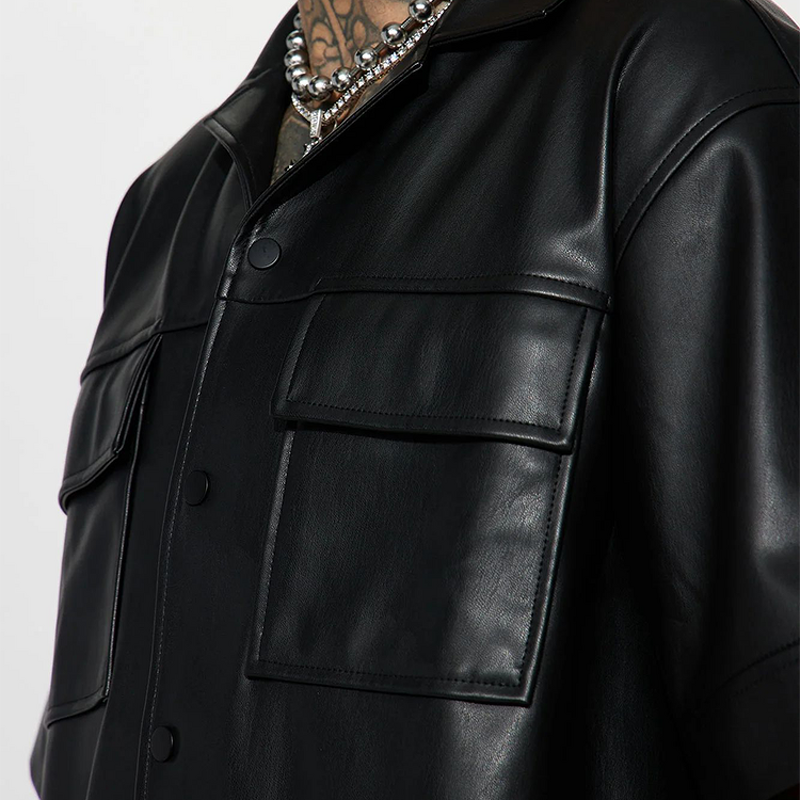 Leather Shirt Supplier - Letterman Double Pocket Short Sleeve Men