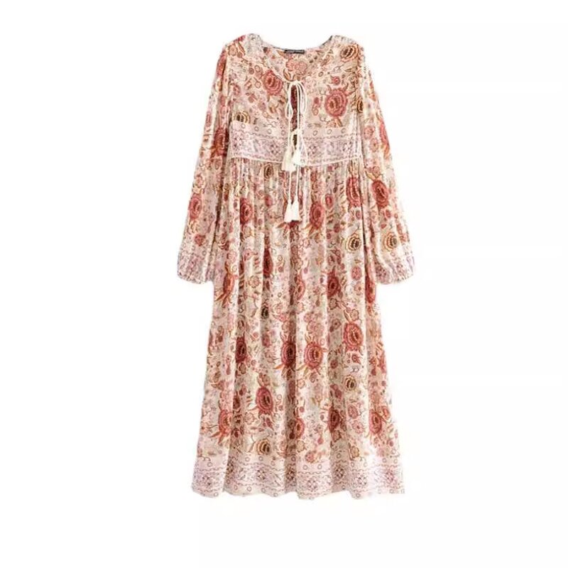 Long Dress Supplier - Floral Printing Bohemia V Neck High Waist Coreen