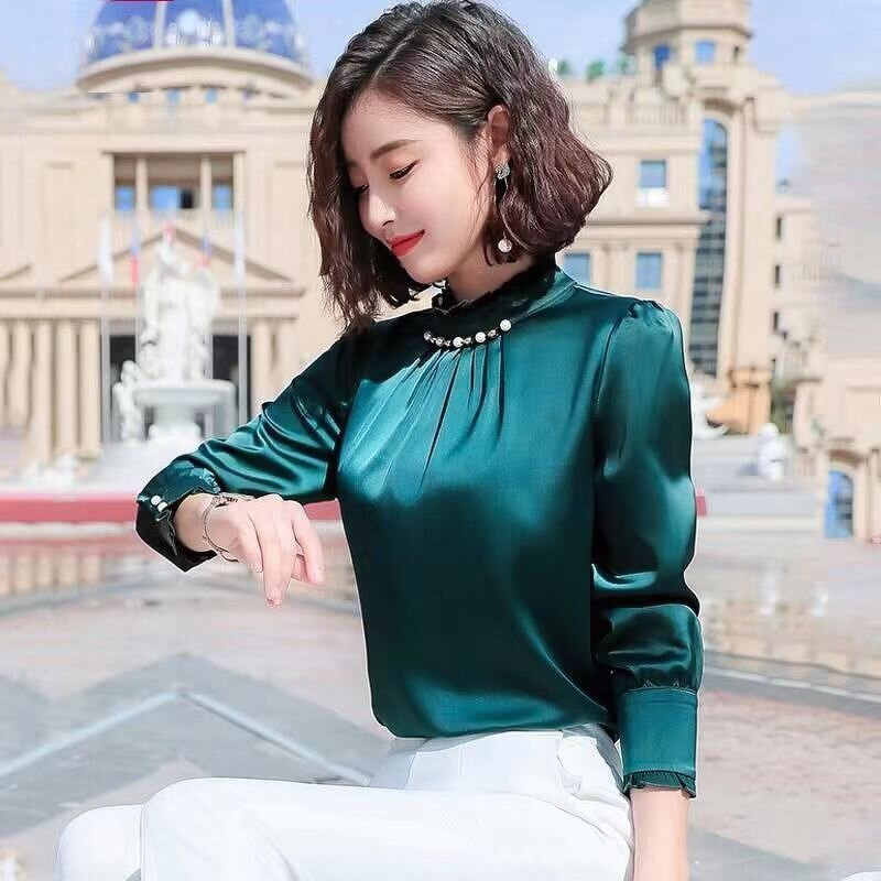 Satin Shirt Supplier - Spring Long Sleeve Office Lady Elegant Bead