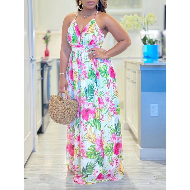 Maxi Dress Supplier - Summer Print Flower Strip Long Polyester Mama