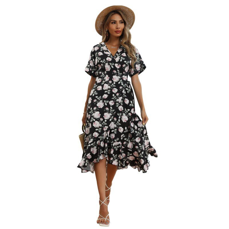 Chiffon Dress Supplier - Summer Floral Beach Short Sleeve Girl Casual