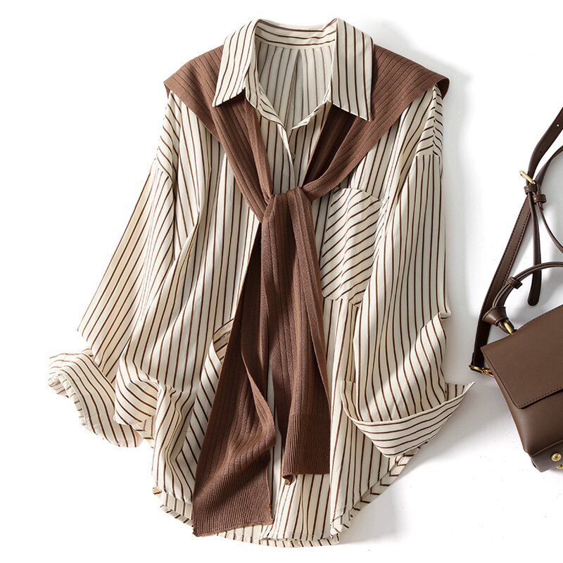 Two-piece Shirt Supplier - Shawl Stripe Lapel Long Sleeve Loose Autumn
