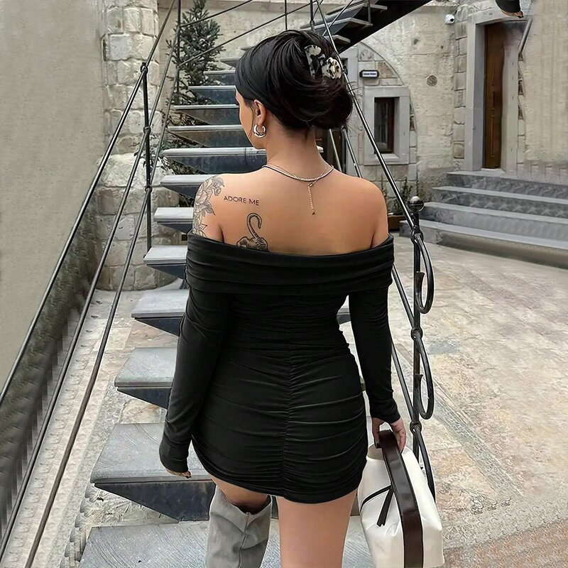 Mini Dress Factory - Long Sleeve Pure Color Hip Club Ball Gowns Wrapping