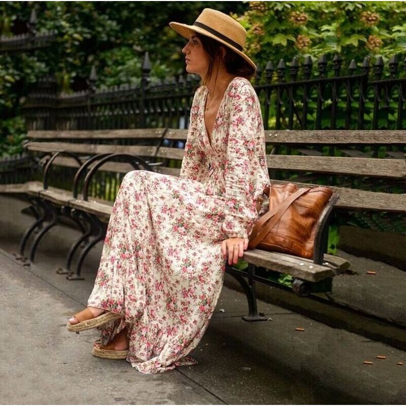 Maxi Dress Factory - Floral Printing Deep V Neck Long Sleeve Ruffle