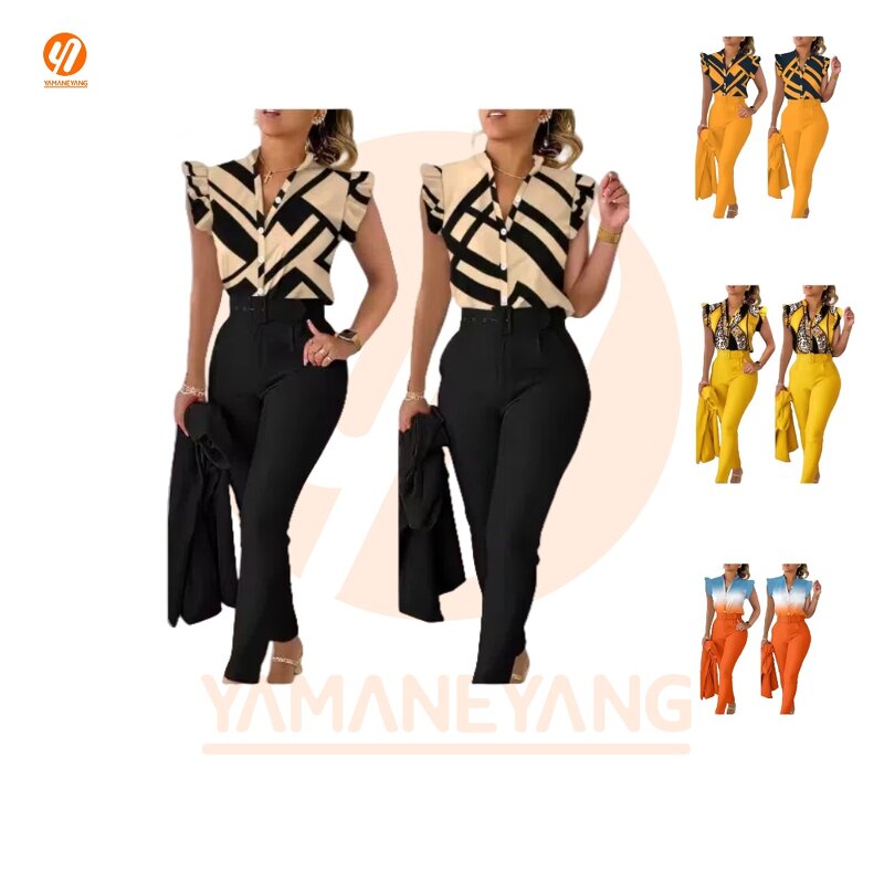 Women's Set Factory - Europe US Chiffon Printed Lotus Sleeve Shirt Pants