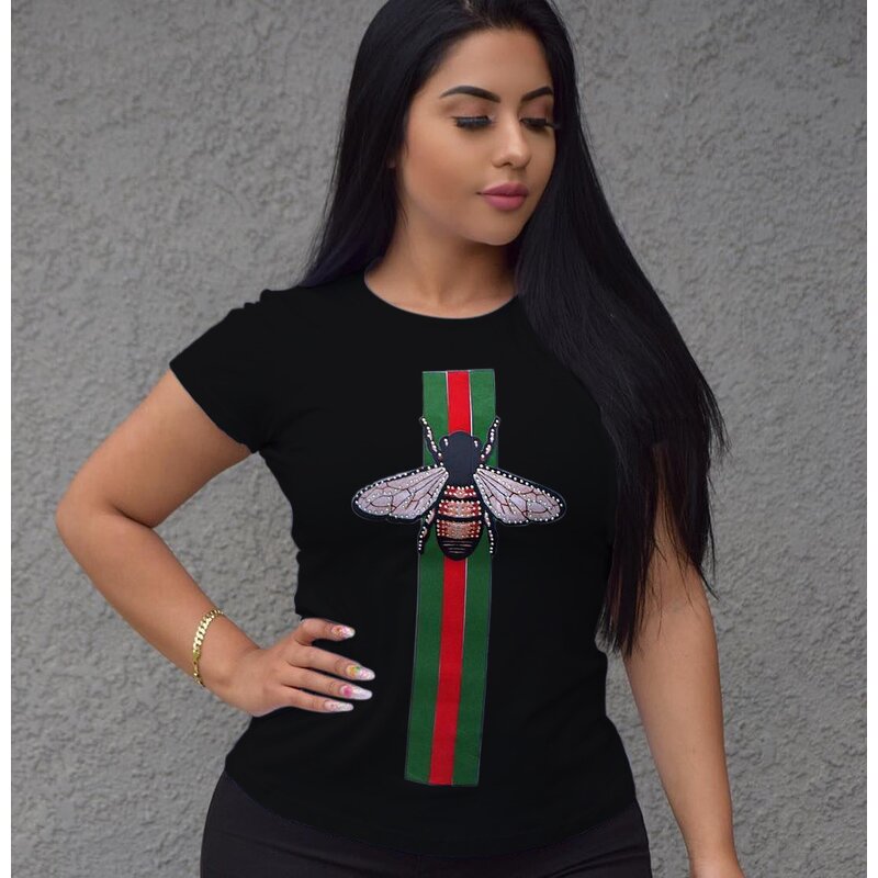 Graphic Tee Factory - Ladies Polyester Rhinestone Crew Neck Short Sleeved