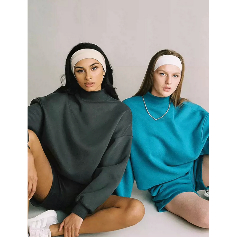 Hoodie Set Factory - Custom Crop Top Half Turtleneck Women Set Wholesale