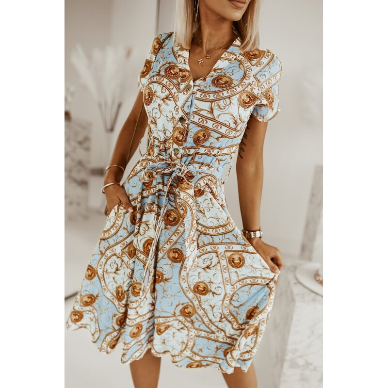 Print Dress Supplier - Fashion v Neck Casual Blue Cotton Summer Short
