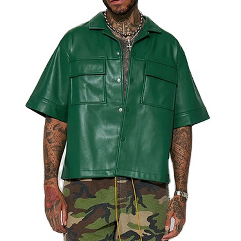 Leather Shirt Supplier - Letterman Double Pocket Short Sleeve Men