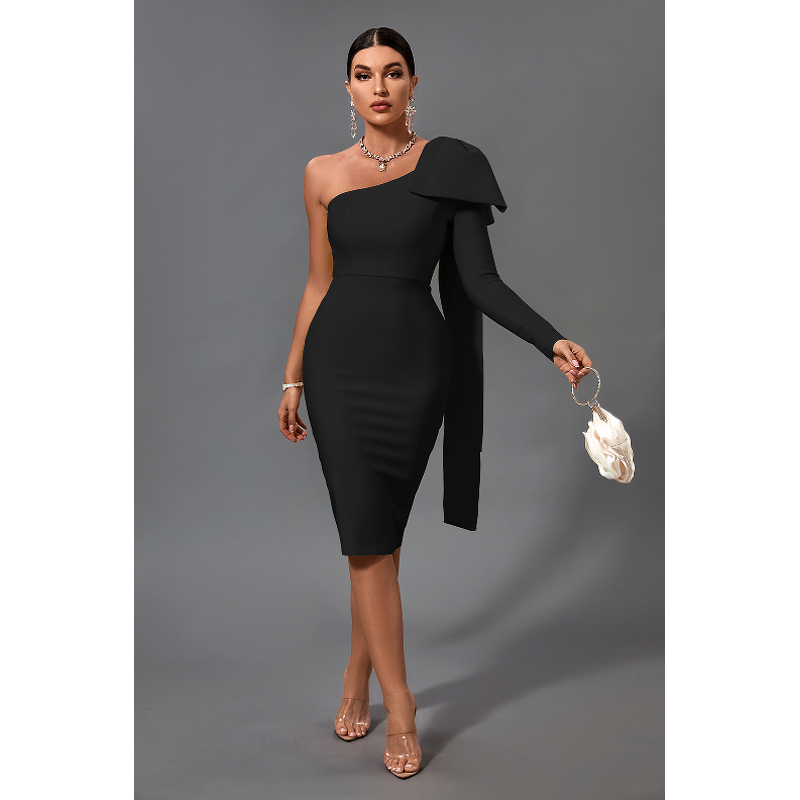 Bandage Dress Supplier - Black Solid Bowknot Evening One Shoulder Club