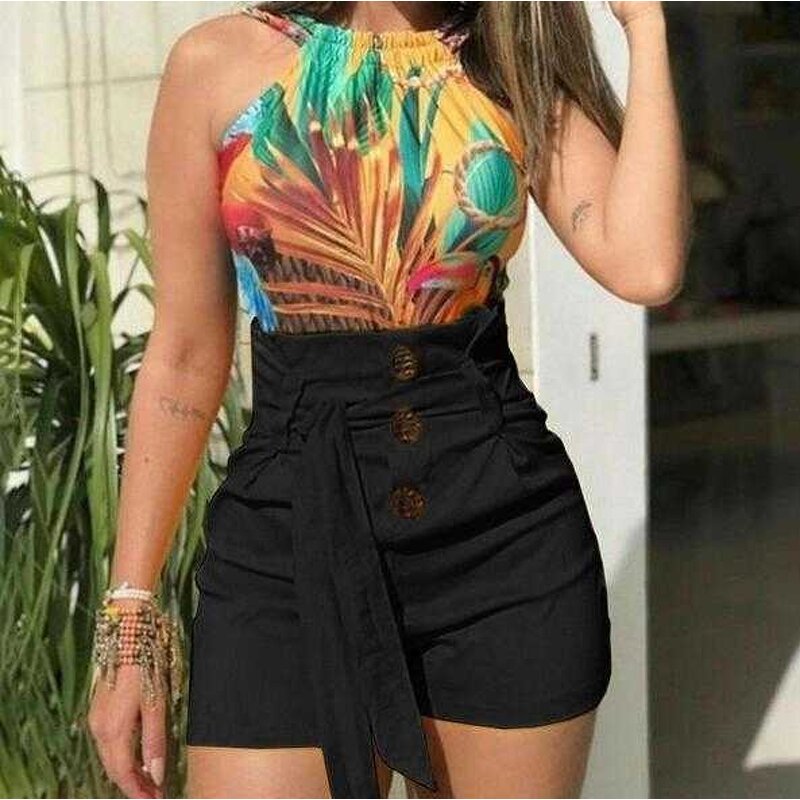 Women's Shorts Factory - High Waist Button up Wide Leg Tank Top Set