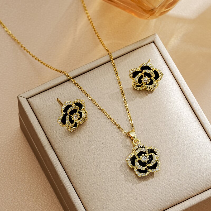 Camellia Jewelry Set Factory - Luxury Zircon Stainless Steel Flower Necklace