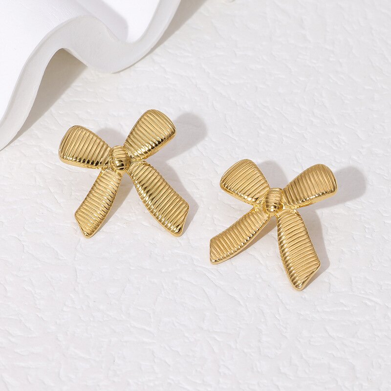Bow Knot Earring Factory - Fashion Stud 18K Gold Plated Stainless Steel Chain