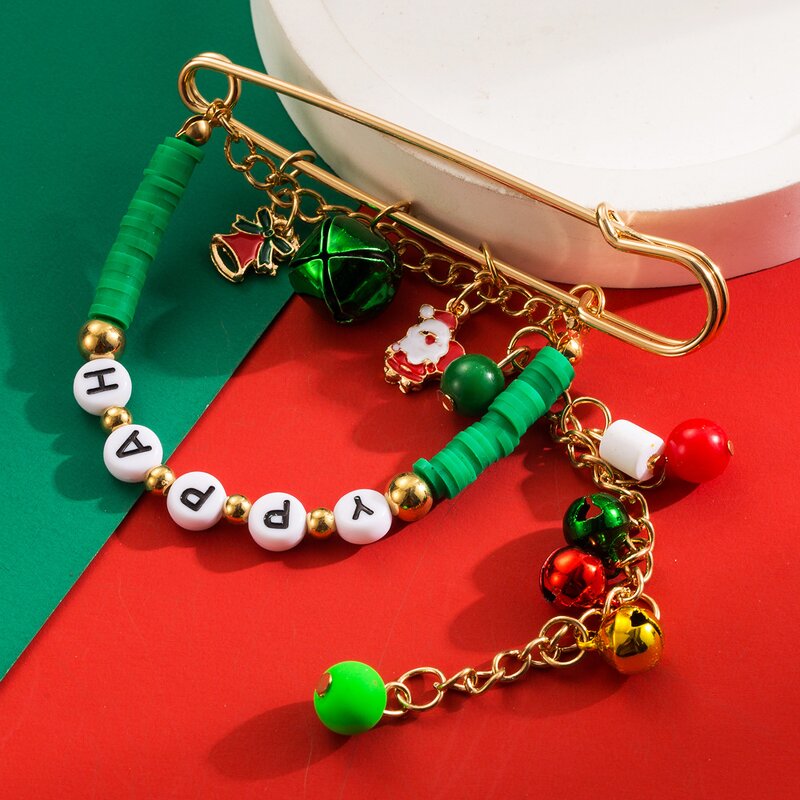 Christmas Brooch Supplier - Red Green Crystal Happy Holidays Lapel Pins Bells
