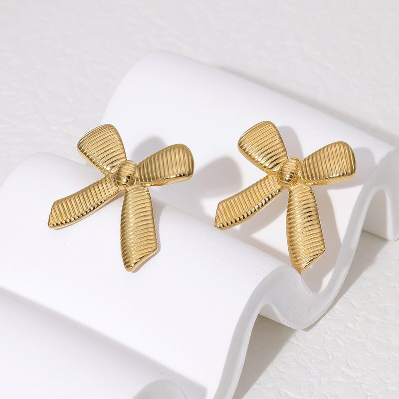 Bow Knot Earring Factory - Fashion Stud 18K Gold Plated Stainless Steel Chain