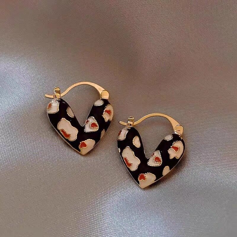 Hoop Earrings Factory - Trendy Red Black Dripping Oil Heart Korean Elegant