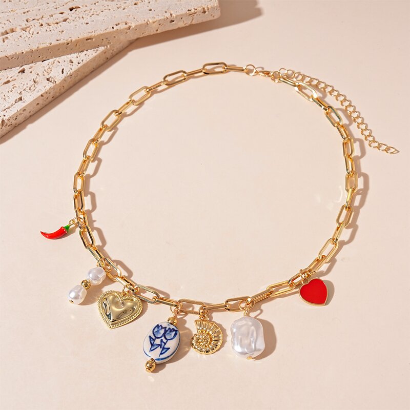 Paper Clip Chain Supplier - Love Simulated Pearls Charm Iron Choker Trendy