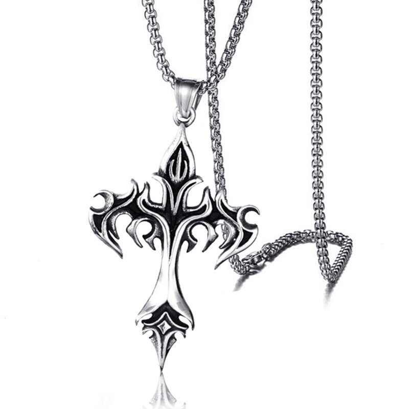 Cross Necklace Supplier - Rock Hip Hop Punk Stainless Steel Flame Retro