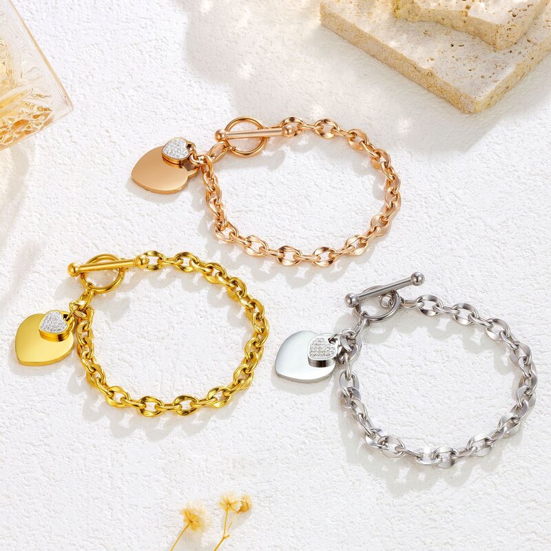 Metal Charm Bracelet Supplier - Gold Plating Big Heart with Crystal Stone