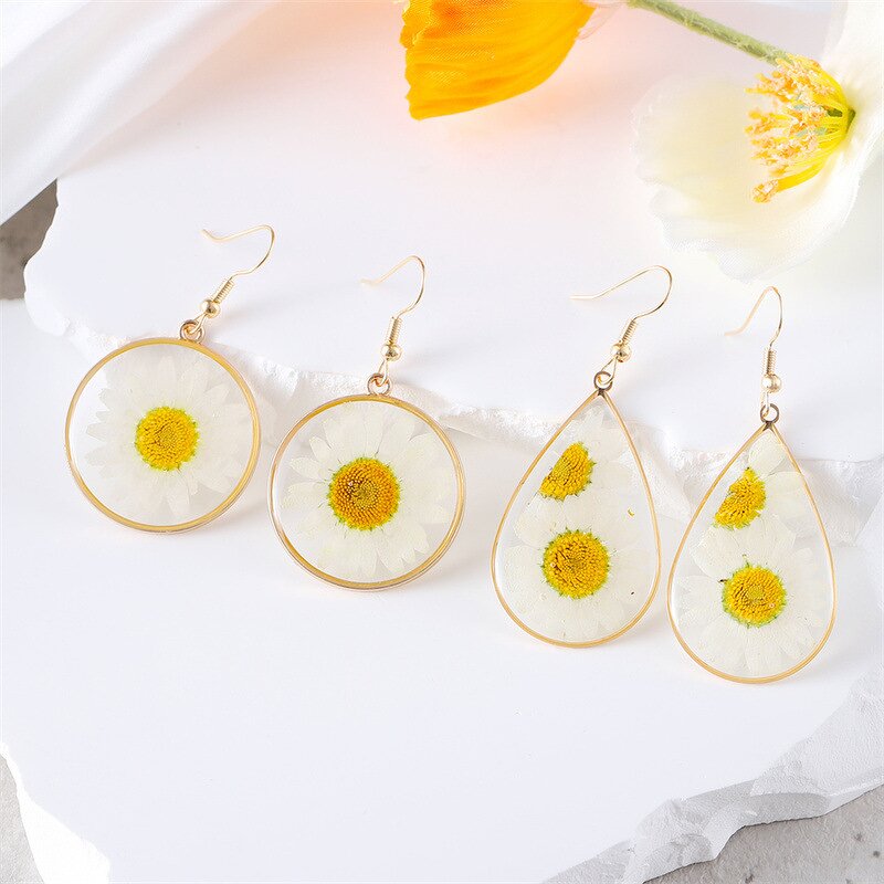 Pressed Earring Supplier - Natural White Daisy Boho Statement Pressed Flower