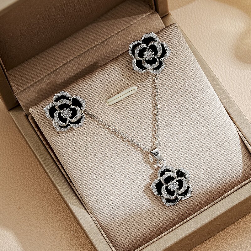 Camellia Jewelry Set Factory - Luxury Zircon Stainless Steel Flower Necklace