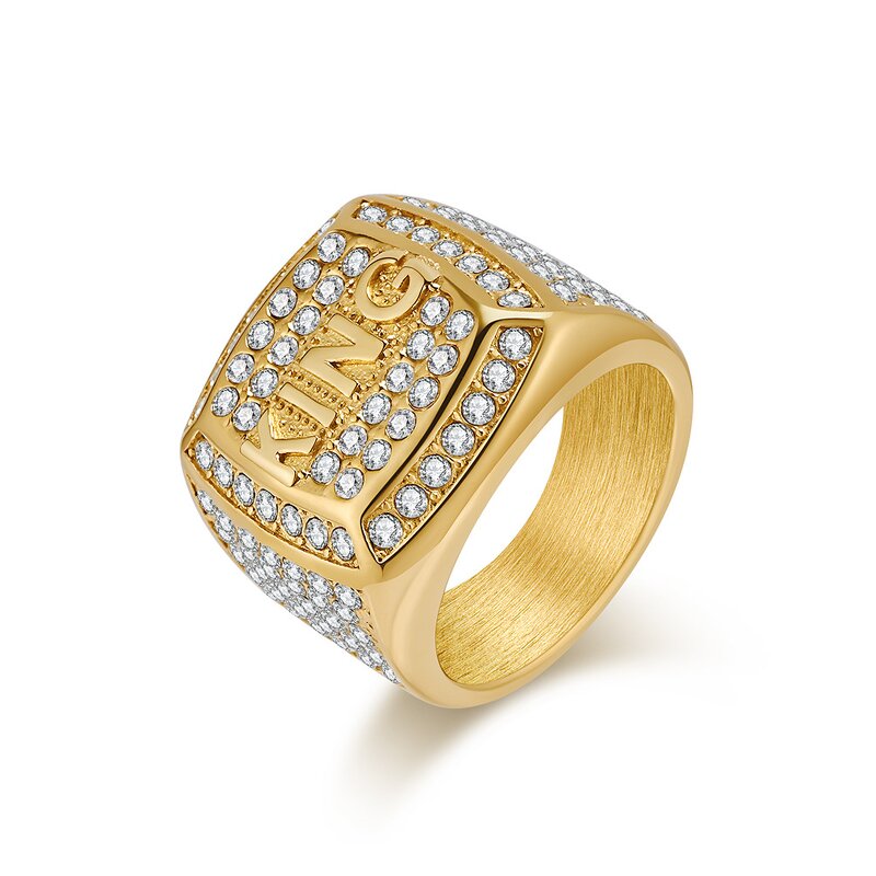 Rhinestone Ring Factory - Hip Hop Full 316L Stainless Steel Gold Color King