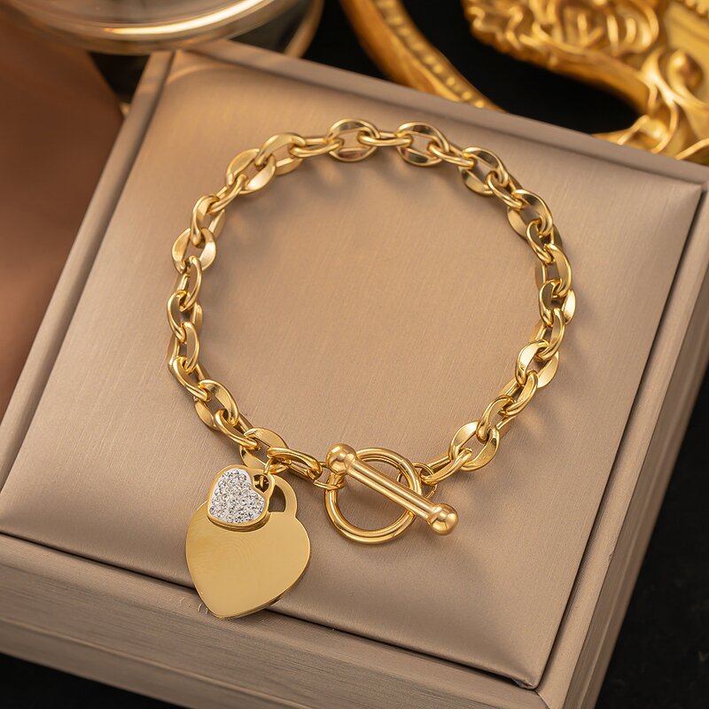 Metal Charm Bracelet Supplier - Gold Plating Big Heart with Crystal Stone