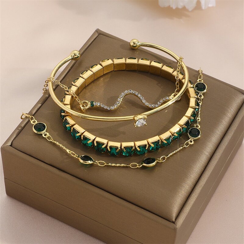 Gemstone Bangle Supplier - Fashion Snake Green Rhinestone Full Metal Women