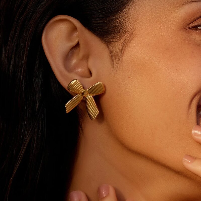 Bow Knot Earring Factory - Fashion Stud 18K Gold Plated Stainless Steel Chain