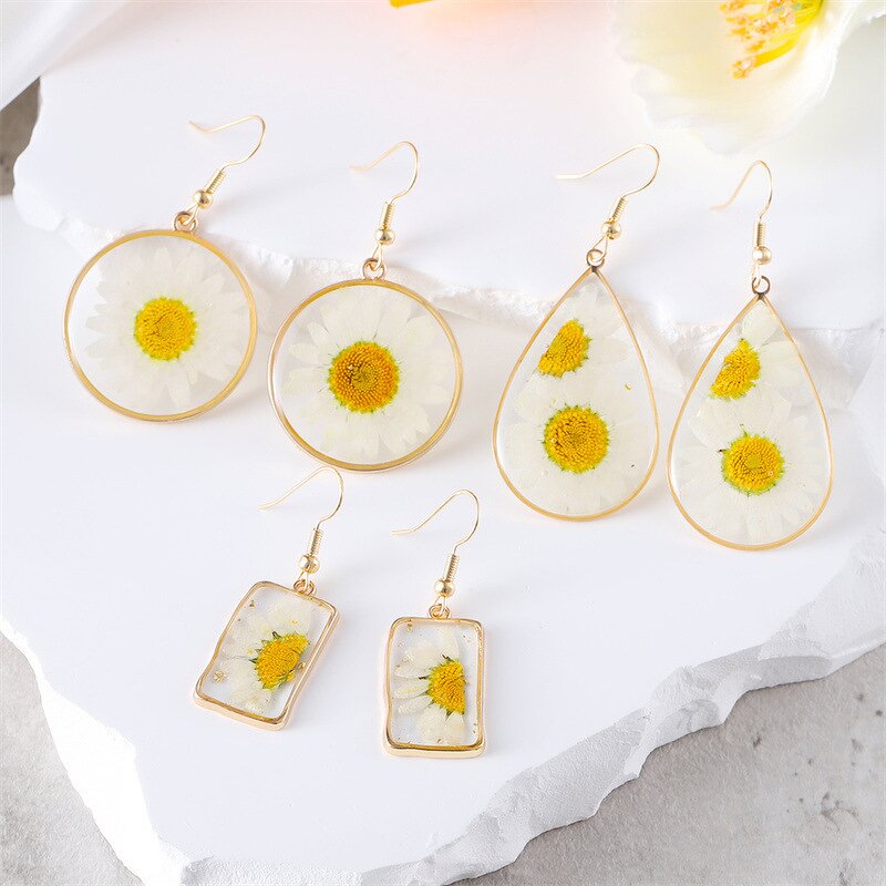 Pressed Earring Supplier - Natural White Daisy Boho Statement Pressed Flower