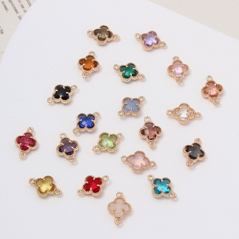 Brass Charms Supplier - Polychrome Crystal Four Leaf Clover Connectors DIY