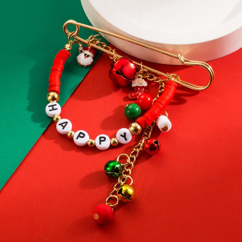 Christmas Brooch Supplier - Red Green Crystal Happy Holidays Lapel Pins Bells