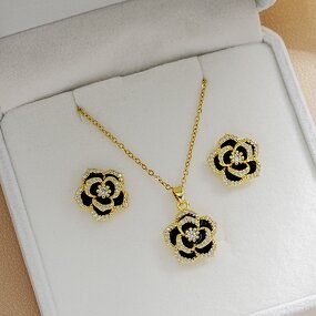 Camellia Jewelry Set Factory - Luxury Zircon Stainless Steel Flower Necklace
